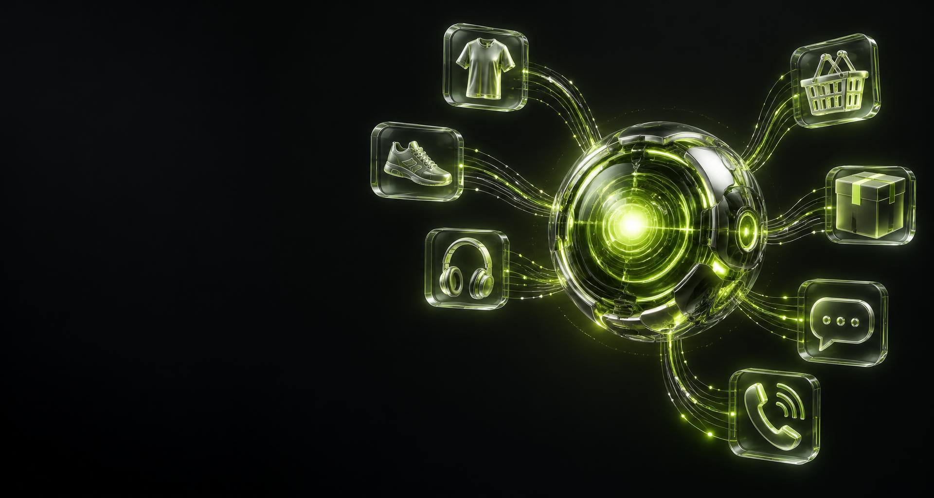 Glowing AI core connected to products, a shopping basket, parcels, chat and phone calls